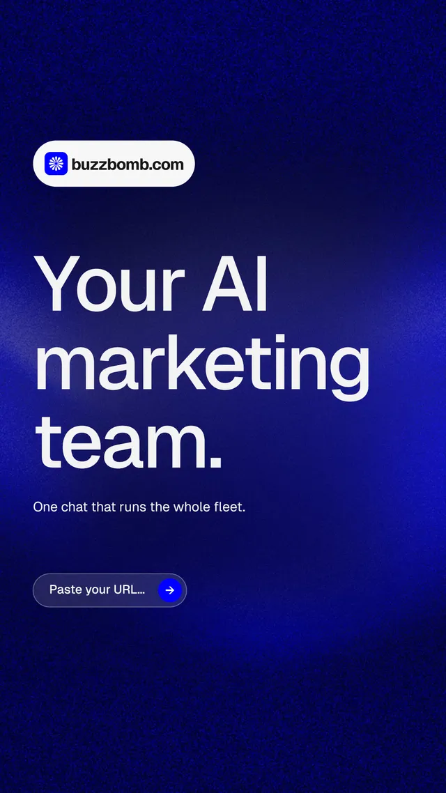 Instagram story for BuzzBomb: "Your AI marketing team." Agentic glass style, announce layout, dark palette in blue.