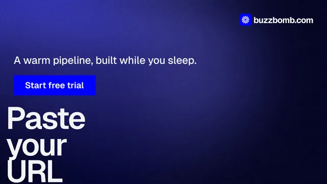 Landscape graphic for BuzzBomb: "Paste your URL." Swiss style, oversized layout, dark palette in black, blue.