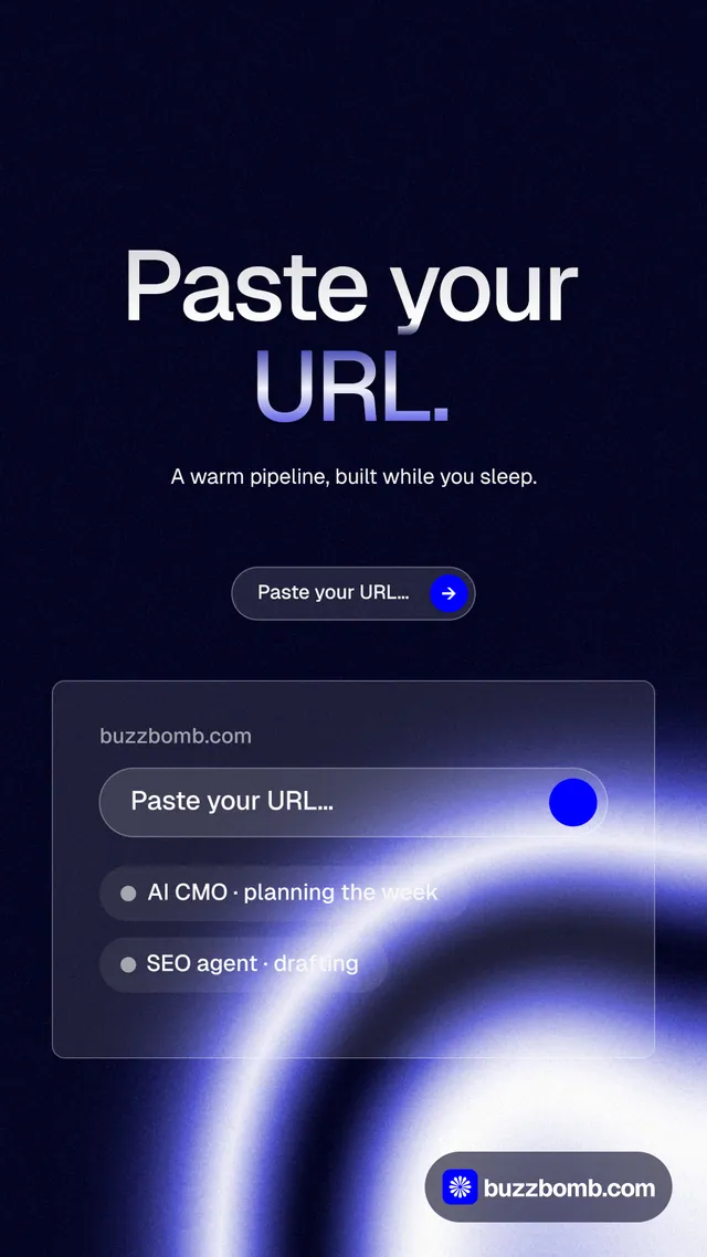 Instagram story for BuzzBomb: "Paste your URL." Agentic glass style, centred layout, dark palette in black, blue.
