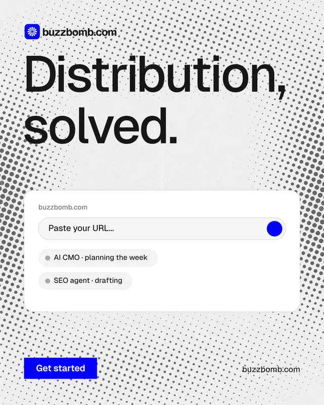 Instagram portrait post for BuzzBomb: "Distribution, solved." Swiss style, poster layout, light palette in white, grey.