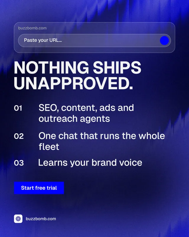 Instagram portrait post for BuzzBomb: "Nothing ships unapproved." Swiss style, numbered layout, dark palette in blue, grey.