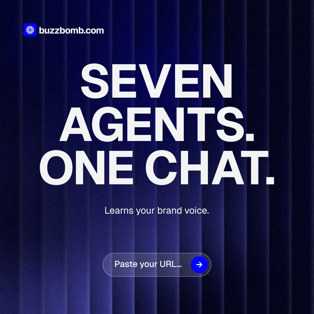 Instagram post for BuzzBomb: "Seven agents. One chat." Agentic glass style, centred layout, dark palette in black, blue, grey.