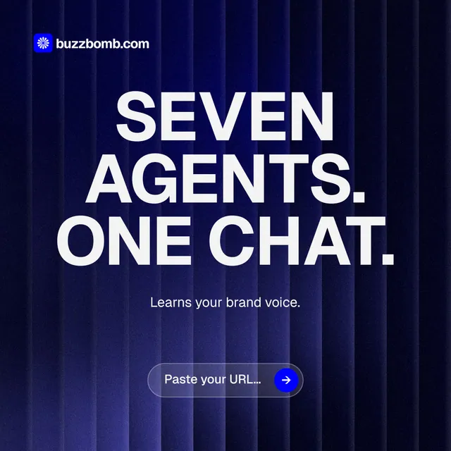 Instagram post for BuzzBomb: "Seven agents. One chat." Agentic glass style, centred layout, dark palette in black, blue, grey.