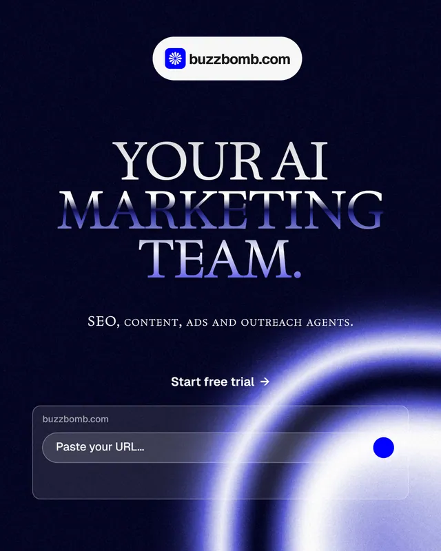 Instagram portrait post for BuzzBomb: "Your AI marketing team." Agentic glass style, smallcaps layout, dark palette in black, blue.