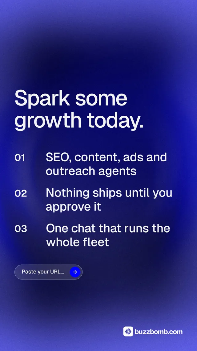 Instagram story for BuzzBomb: "Spark some growth today." Agentic glass style, numbered layout, dark palette in blue.