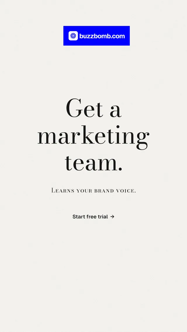 Instagram story for BuzzBomb: "Get a marketing team." Minimal luxury style, smallcaps layout, light palette in white, blue.