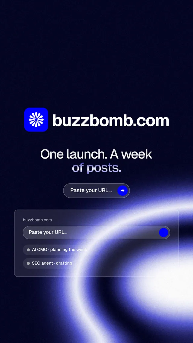 Instagram story for BuzzBomb: "One launch. A week of posts." Agentic glass style, logo hero layout, dark palette in black, blue.