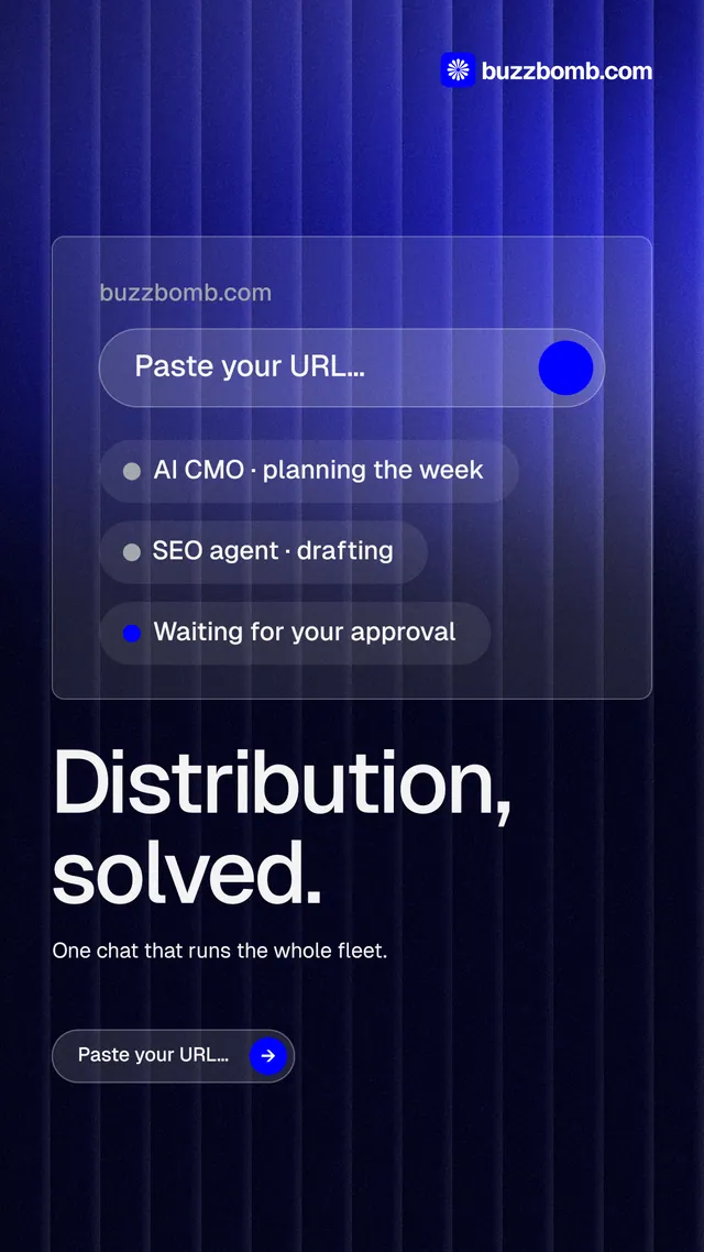 Instagram story for BuzzBomb: "Distribution, solved." Agentic glass style, bottom layout, dark palette in blue, black.