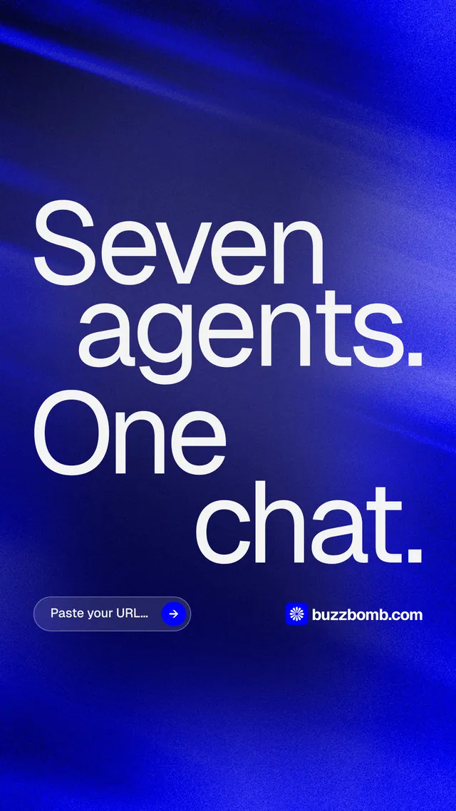 Instagram story for BuzzBomb: "Seven agents. One chat." Agentic glass style, stacked layout, dark palette in blue.