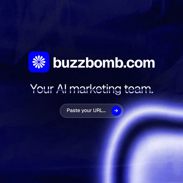 Instagram post for BuzzBomb: "Your AI marketing team." Agentic glass style, logo hero layout, dark palette in blue, black.