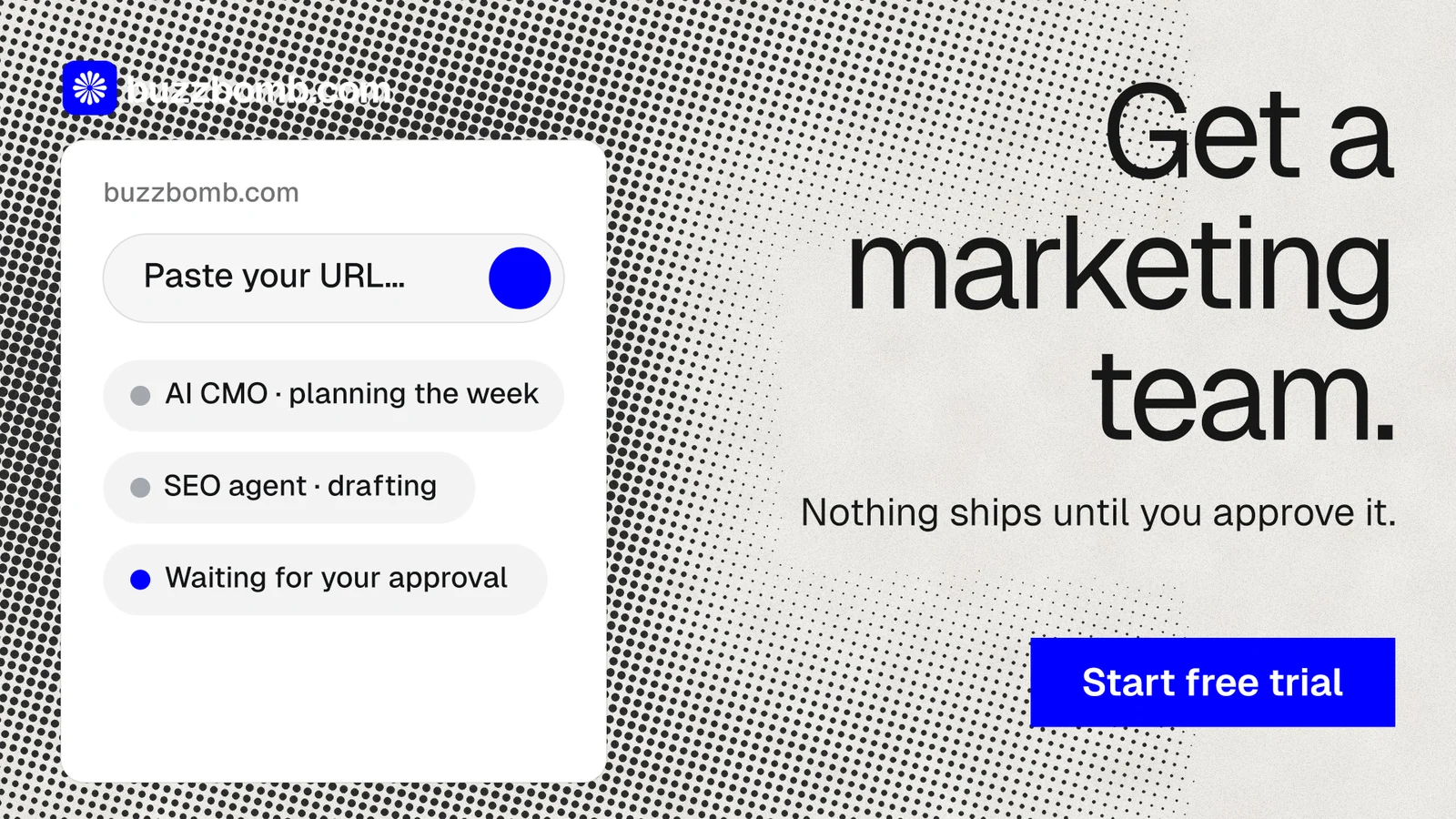 Landscape graphic for BuzzBomb: "Get a marketing team." Swiss style, right layout, light palette in white, grey.