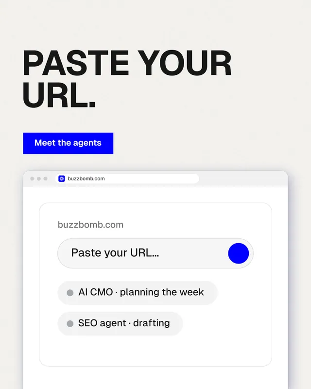 Instagram portrait post for BuzzBomb: "Paste your URL." Swiss style, browser layout, light palette in white, grey.