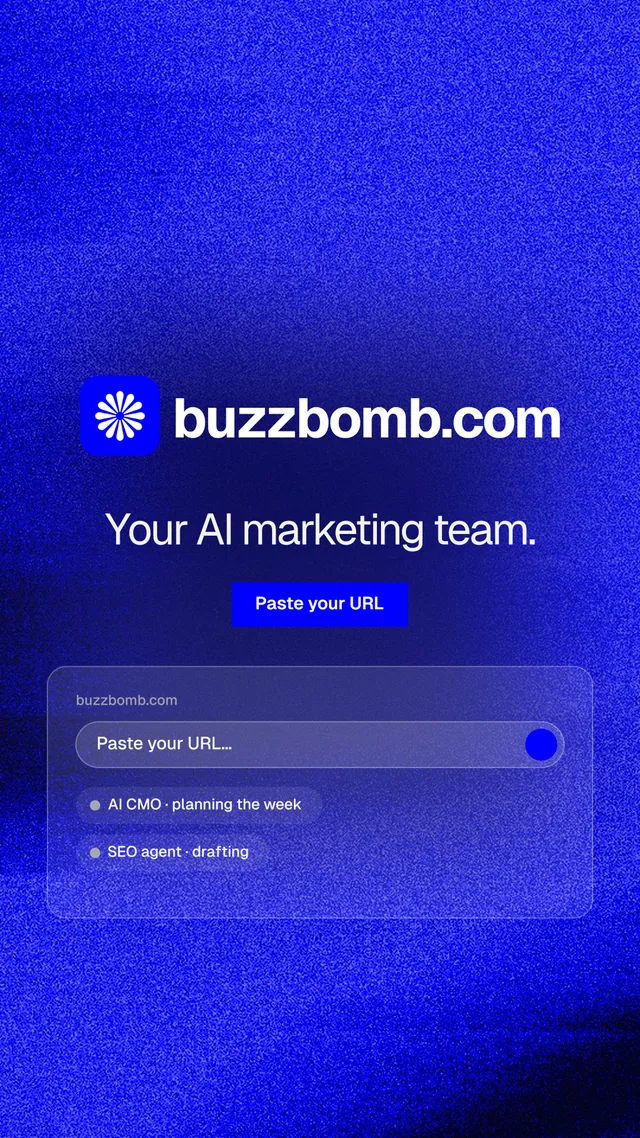 Instagram story for BuzzBomb: "Your AI marketing team." Swiss style, logo hero layout, dark palette in blue.