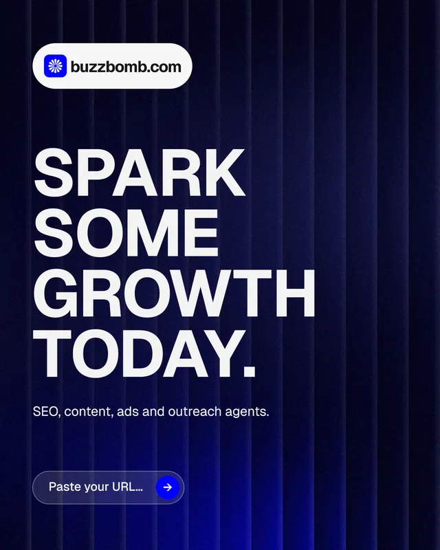 Instagram portrait post for BuzzBomb: "Spark some growth today." Agentic glass style, announce layout, dark palette in black, blue, grey.