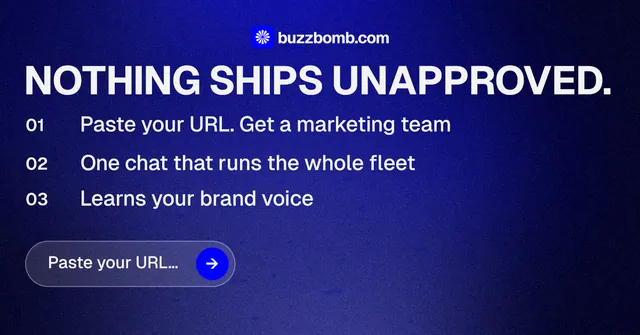 Social ad for BuzzBomb: "Nothing ships unapproved." Agentic glass style, numbered layout, dark palette in blue.