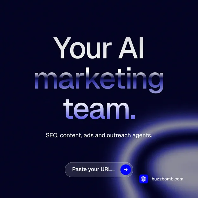 Instagram post for BuzzBomb: "Your AI marketing team." Agentic glass style, centred layout, dark palette in black, blue.