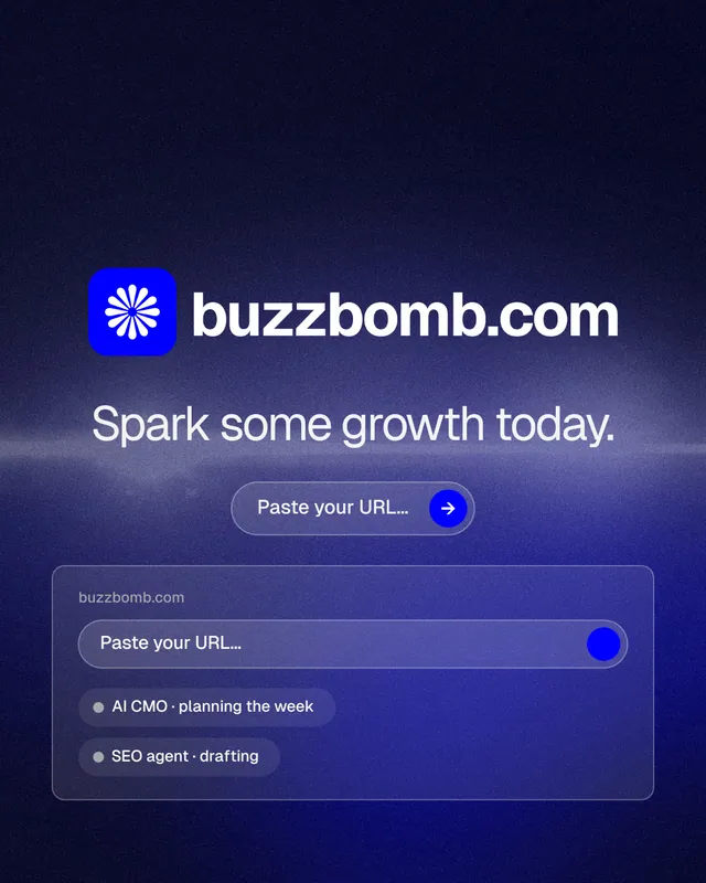 Instagram portrait post for BuzzBomb: "Spark some growth today." Agentic glass style, logo hero layout, dark palette in black, blue.
