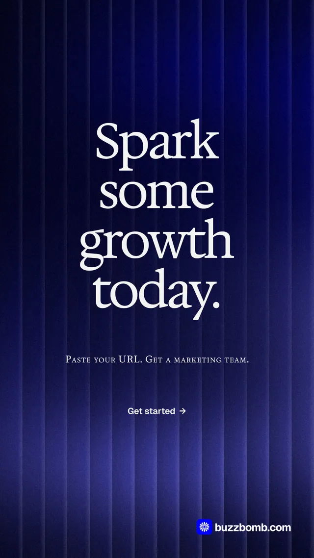 Instagram story for BuzzBomb: "Spark some growth today." Agentic glass style, smallcaps layout, dark palette in blue, black.