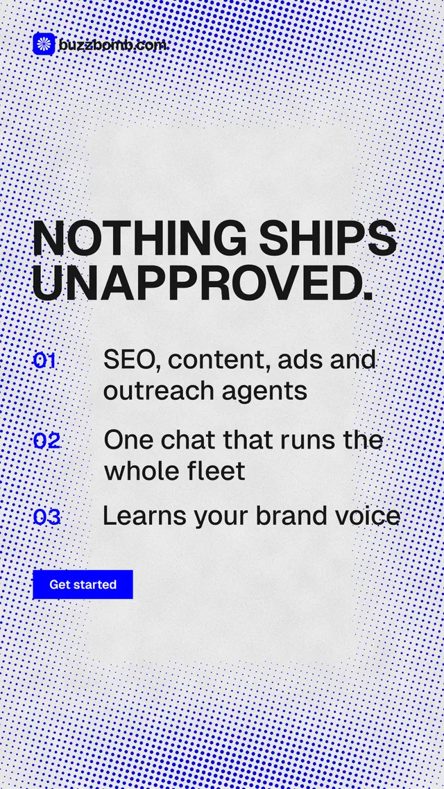 Instagram story for BuzzBomb: "Nothing ships unapproved." Swiss style, numbered layout, light palette in blue, white.