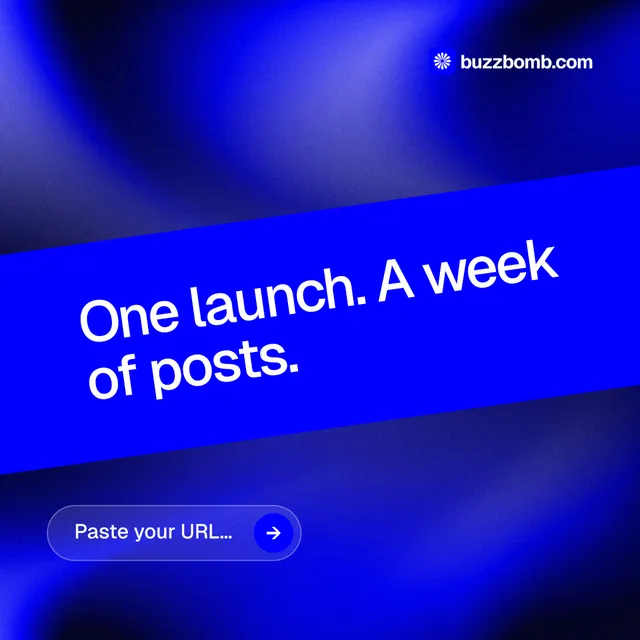 Instagram post for BuzzBomb: "One launch. A week of posts." Agentic glass style, diagonal layout, dark palette in blue.