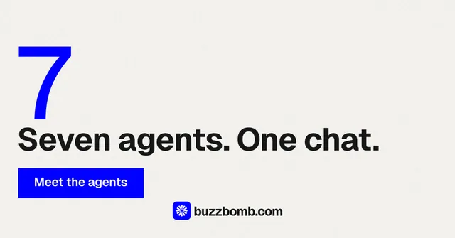 Social ad for BuzzBomb: "Distribution, solved." Swiss style, stat layout, light palette in white, blue.