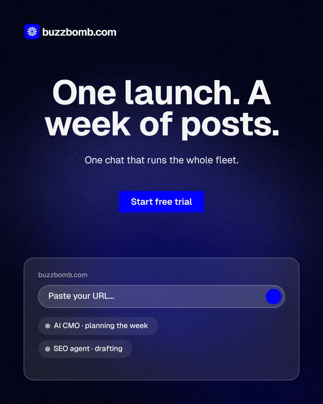 Instagram portrait post for BuzzBomb: "One launch. A week of posts." Swiss style, centred layout, dark palette in black, blue, grey.