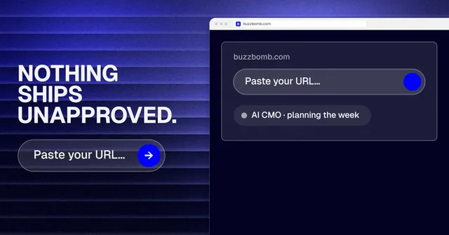 Social ad for BuzzBomb: "Nothing ships unapproved." Agentic glass style, browser layout, dark palette in blue, black.