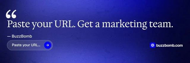 X header for BuzzBomb: "Your AI marketing team." Agentic glass style, quote layout, dark palette in blue.
