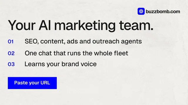 Landscape graphic for BuzzBomb: "Your AI marketing team." Swiss style, numbered layout, light palette in white, blue.