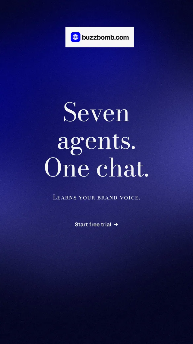 Instagram story for BuzzBomb: "Seven agents. One chat." Minimal luxury style, smallcaps layout, dark palette in blue, black.