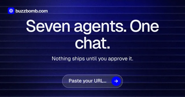 Social ad for BuzzBomb: "Seven agents. One chat." Agentic glass style, centred layout, dark palette in black, blue, grey.