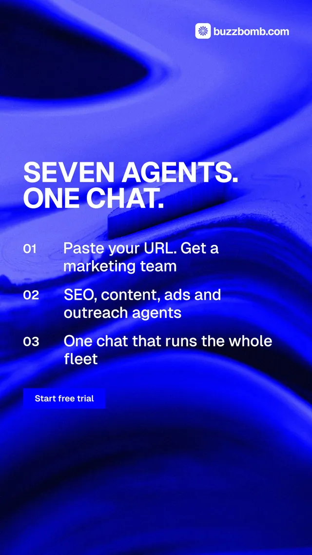 Instagram story for BuzzBomb: "Seven agents. One chat." Swiss style, numbered layout, dark palette in blue.