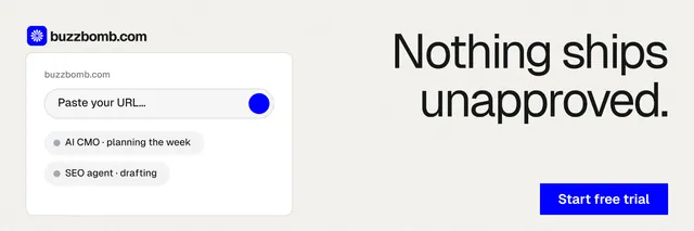 X header for BuzzBomb: "Nothing ships unapproved." Swiss style, right layout, light palette in white, grey.