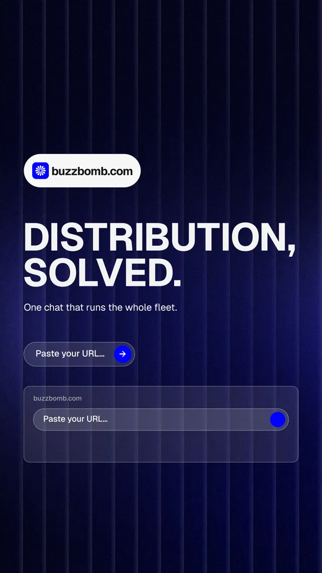 Instagram story for BuzzBomb: "Distribution, solved." Agentic glass style, announce layout, dark palette in black, blue, grey.