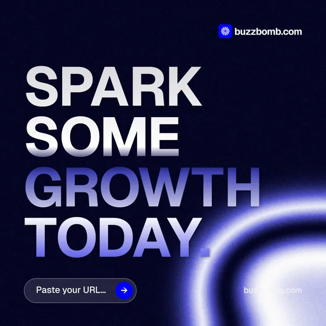 Instagram post for BuzzBomb: "Spark some growth today." Agentic glass style, poster layout, dark palette in black, blue.