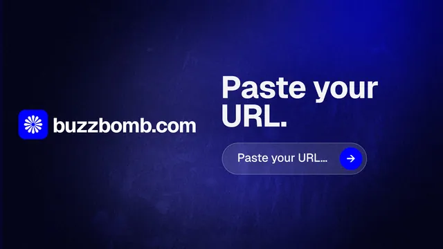 Landscape graphic for BuzzBomb: "Paste your URL." Agentic glass style, logo hero layout, dark palette in black, blue.