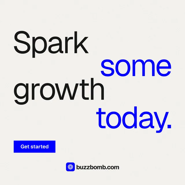 Instagram post for BuzzBomb: "Spark some growth today." Swiss style, stacked layout, light palette in white, blue.
