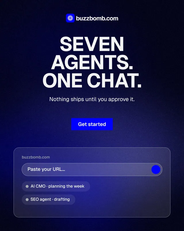 Instagram portrait post for BuzzBomb: "Seven agents. One chat." Swiss style, centred layout, dark palette in black, blue, grey.