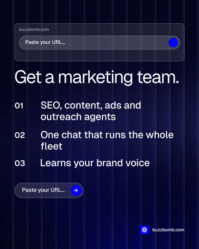 Instagram portrait post for BuzzBomb: "Get a marketing team." Agentic glass style, numbered layout, dark palette in black, blue, grey.
