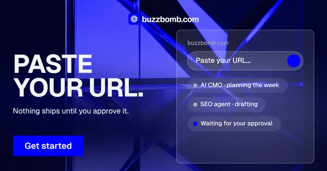 Social ad for BuzzBomb: "Paste your URL." Swiss style, bottom layout, dark palette in black, blue.