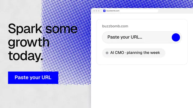 Landscape graphic for BuzzBomb: "Spark some growth today." Swiss style, browser layout, light palette in white, blue.
