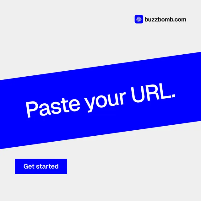 Instagram post for BuzzBomb: "Paste your URL." Swiss style, diagonal layout, light palette in white, blue.
