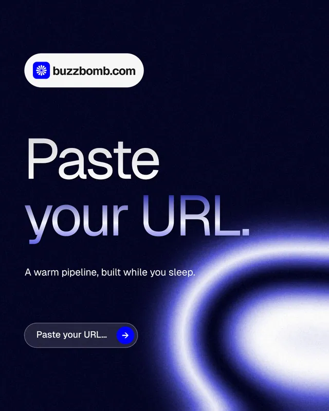 Instagram portrait post for BuzzBomb: "Paste your URL." Agentic glass style, announce layout, dark palette in black, blue.