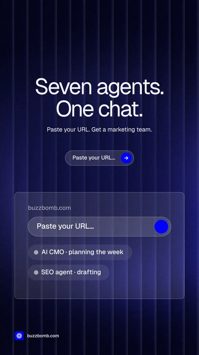 Instagram story for BuzzBomb: "Seven agents. One chat." Agentic glass style, centred layout, dark palette in blue, black.