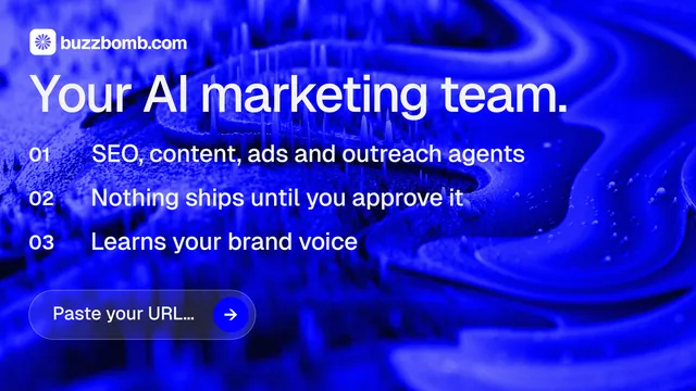 Landscape graphic for BuzzBomb: "Your AI marketing team." Agentic glass style, numbered layout, dark palette in blue.