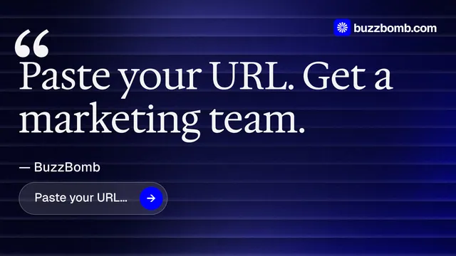 Landscape graphic for BuzzBomb: "Paste your URL." Agentic glass style, quote layout, dark palette in black, blue, grey.