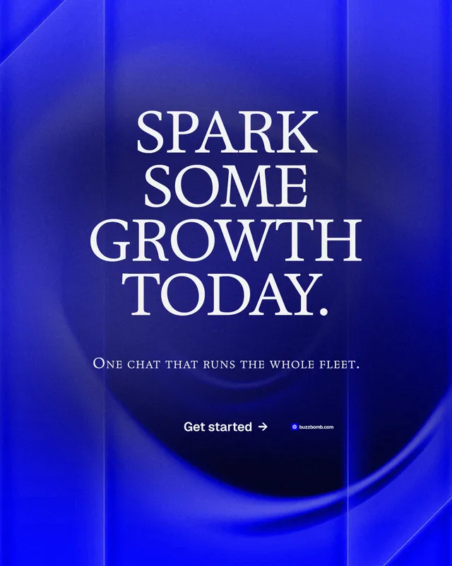 Instagram portrait post for BuzzBomb: "Spark some growth today." Agentic glass style, smallcaps layout, dark palette in blue.