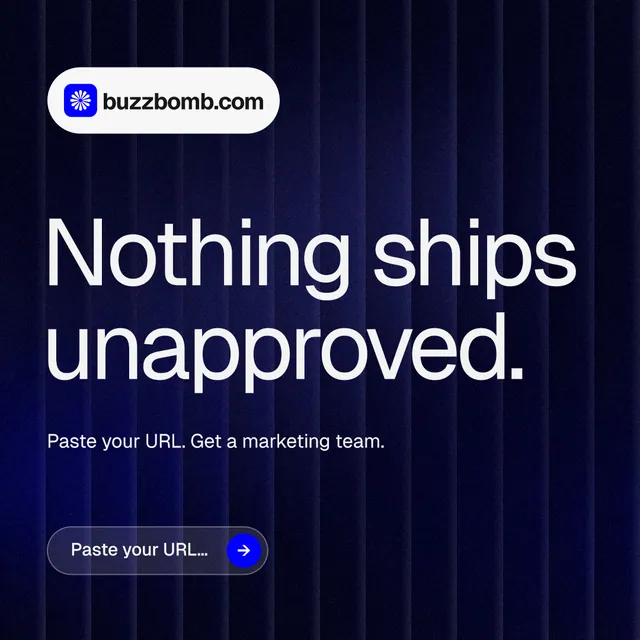 Instagram post for BuzzBomb: "Nothing ships unapproved." Agentic glass style, announce layout, dark palette in black, blue, grey.