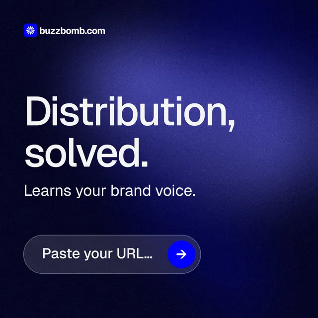 Instagram post for BuzzBomb: "Distribution, solved." Agentic glass style, skeleton layout, dark palette in black, blue.