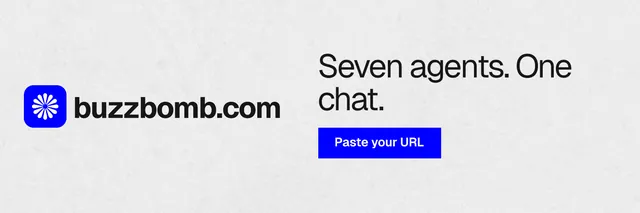 X header for BuzzBomb: "Seven agents. One chat." Swiss style, logo hero layout, light palette in white, blue.